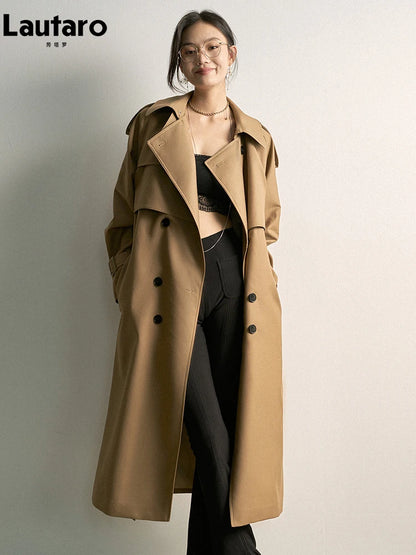 Lautaro Spring Autumn Khaki Long Trench Coat for Women Double Breasted Elegant Luxury Chic British Style Fashion Overcoat 2026