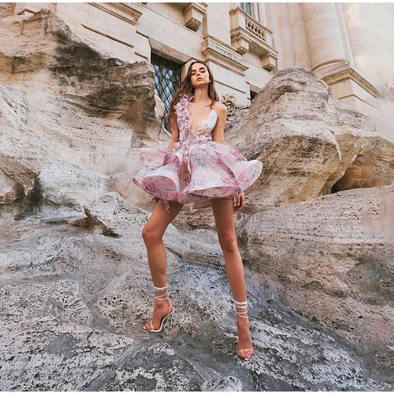 Floral Print Fuffy Short Dress Lace Up Slim Fit Strap Gown 3D Flower Bud Skirt Hemline Halter Backless Beach Suspender Dresses