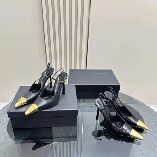 High Quality Yangshenglin Metal Head Thin Heel High Heels 2025 Hot Black Patent Leather Covering Square Head Elegant Lady Style