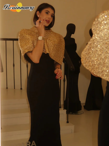 Women Elegant Gold Sparkle Capelet Top Shiny Tweed Shoulder Wrap Turtleneck Short Cloak New Lady Evening Club Party Tops 2026