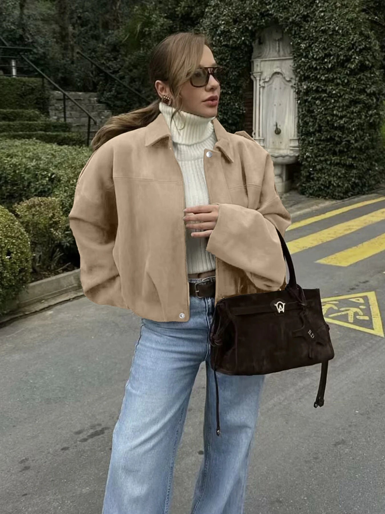 Women's Fashion Pilot Jacket with Bat Sleeves and Zipper, Casual Top