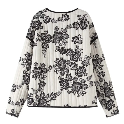 HH Floral Print Jacket For Women Autumn Quilted Reversible Cotton Coat Cardigan Long Sleeve Jackets Elegant Woman Streetwear
