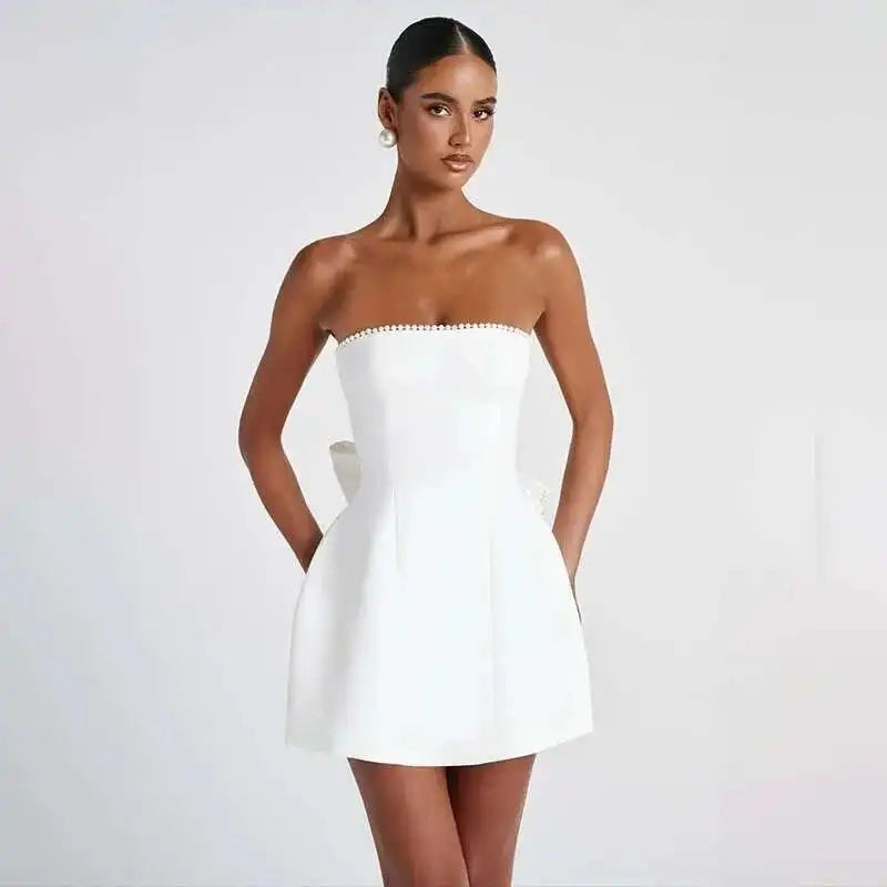Avrilyaan Bow Pearl Short Backless Sleeveless Sexy Dress Women Elegant Party Dress Strapless Bodycon Mini Summer Dress Vestidos