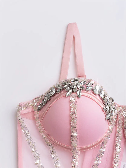 Fashion 2025 Women's Bikins White Diamonds Sling Feminine Short Crop Top Bungee Underwear Tank Tops Sexy Stage Costume Bras