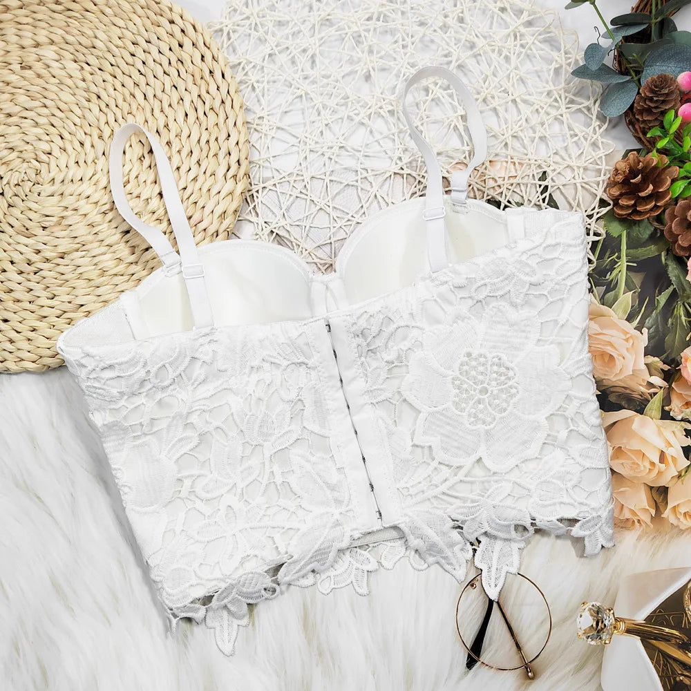 Women Crocheted 3D Lace Corset Stylish Floral Embroidery Bustier Push Up Bra Lady Tank Top Elegant Cropped Top Club Party Bralet