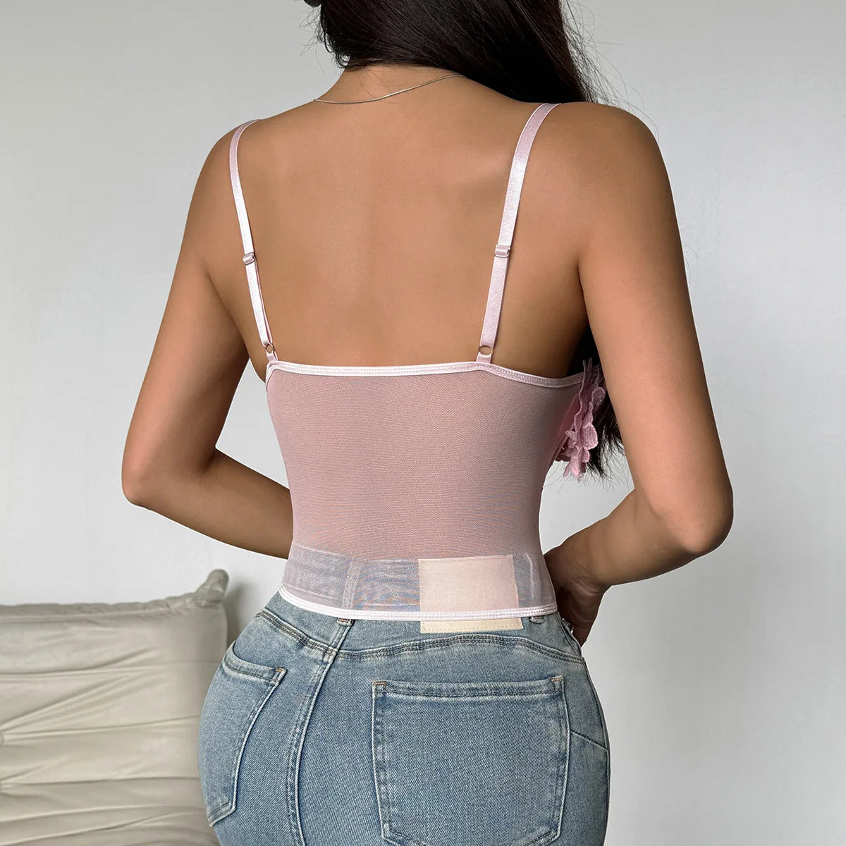 SINGREINY Sheer Gauze 3D Flowers Corset Women Pink Sexy Straps Slim Tops Fashion Streetwear Ladies Short French Chic Sweet Camis