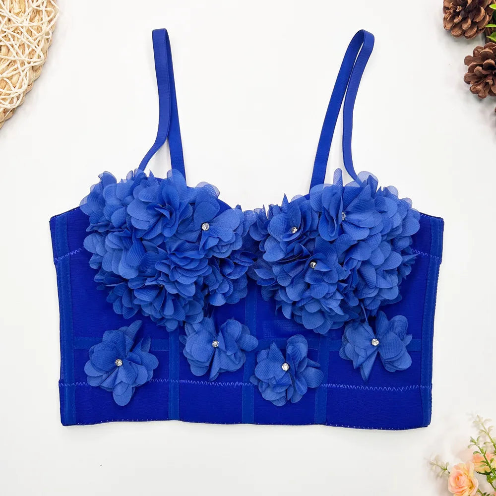Sexy Beachwear Corset 3D Floral Applique Cute Women Deading Design Bustier Ladies Event Party Crop Top Short French Sweet Cami