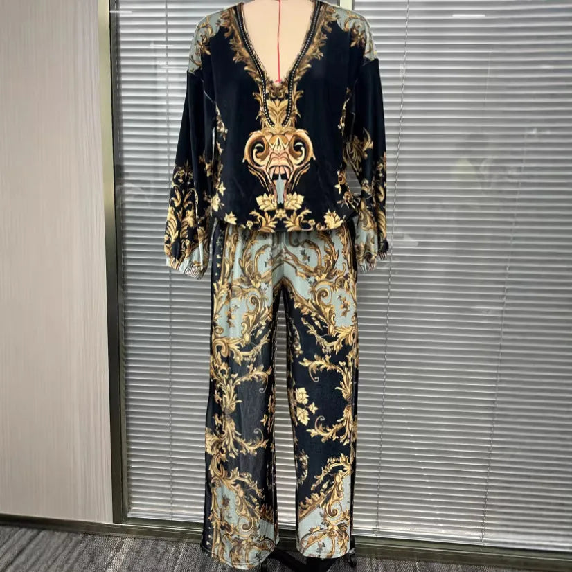 Vintage Printed Two-piece Set Women's Fashion V-neck Loose Long Sleeved Top Wide Leg Pants Suit Ladies Foreign Style Streetwear
