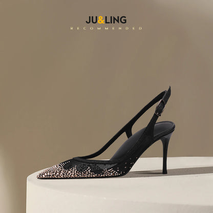 New Baotou sexy sandals with one buckle and summer mesh, rhinestone high heels for women, slim heels, shallow mouth