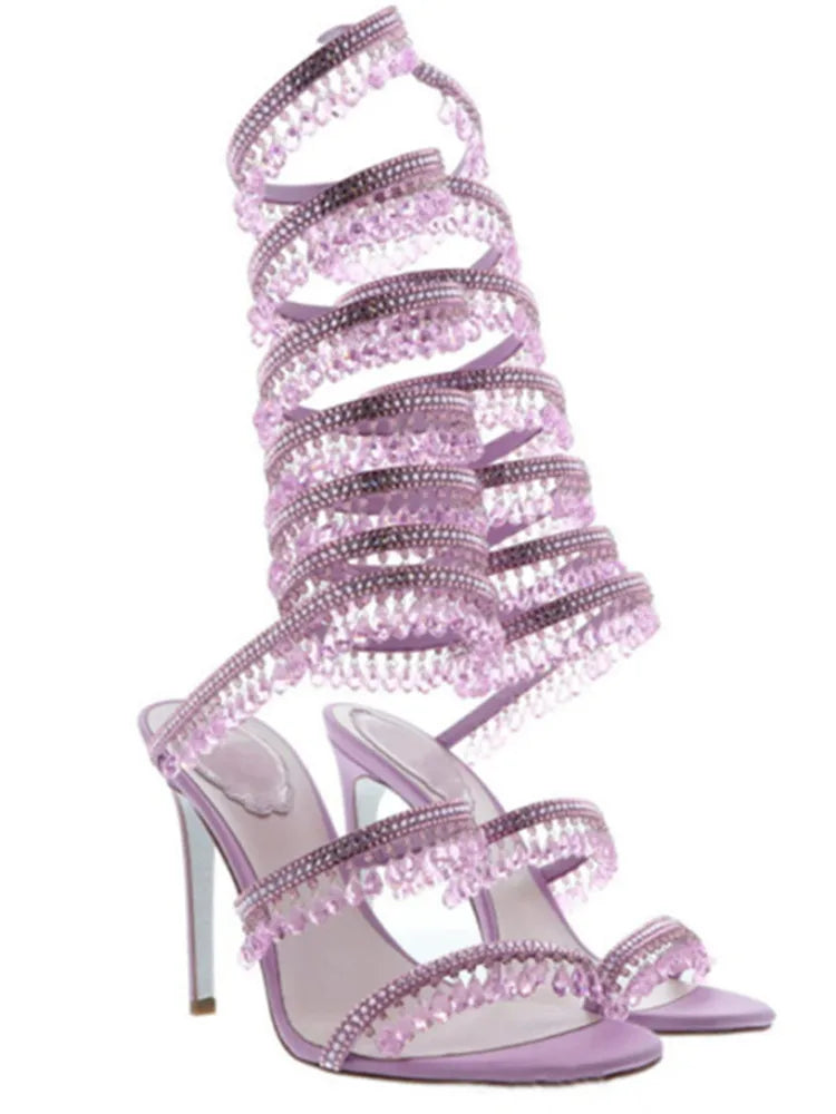 2024Women's New Water Diamond Sandals Fashion Tassel Crystal Shoes Sexy Banquet Party Twin Stiletto Women's Large Sandals