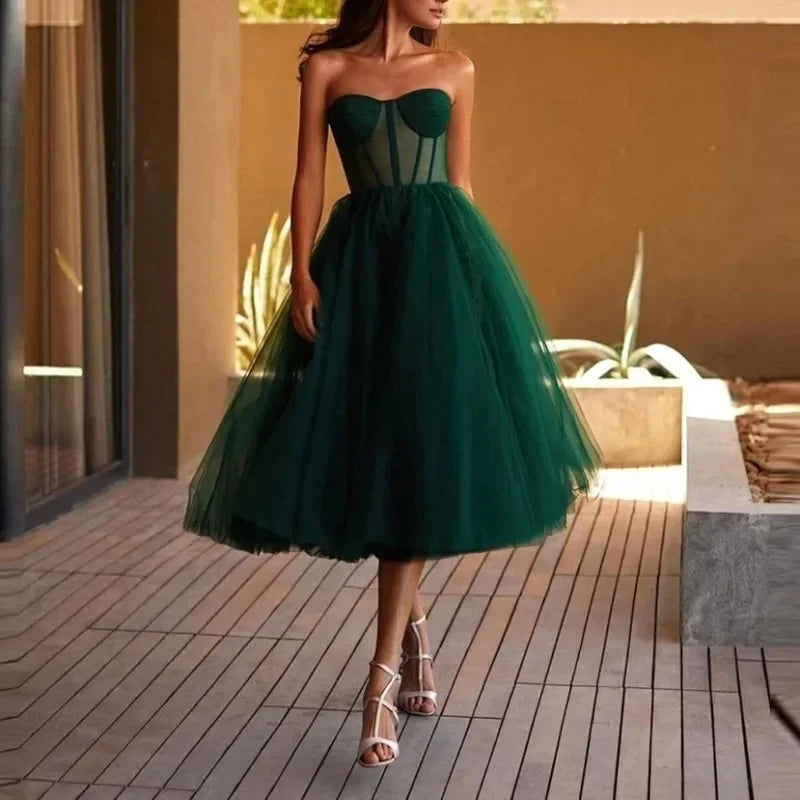 Elegance Lace Design Elegant Cocktail Party Vestidos Slim Wasit Sleeveless Tiered Pleated Midi Length Evening Formal Prom Dress
