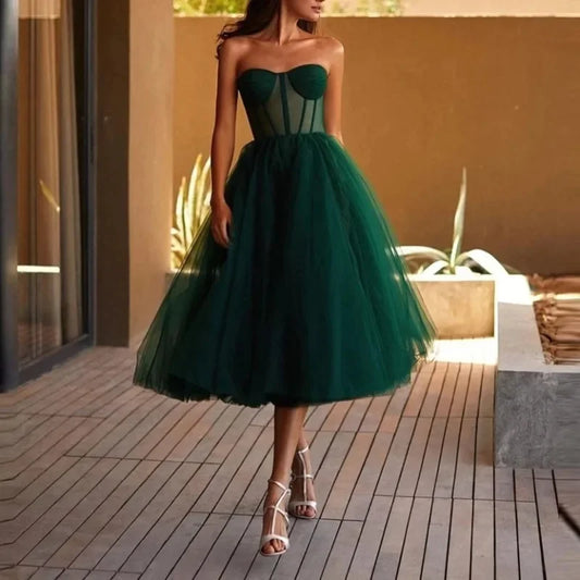 Elegance Lace Design Elegant Cocktail Party Vestidos Slim Wasit Sleeveless Tiered Pleated Midi Length Evening Formal Prom Dress