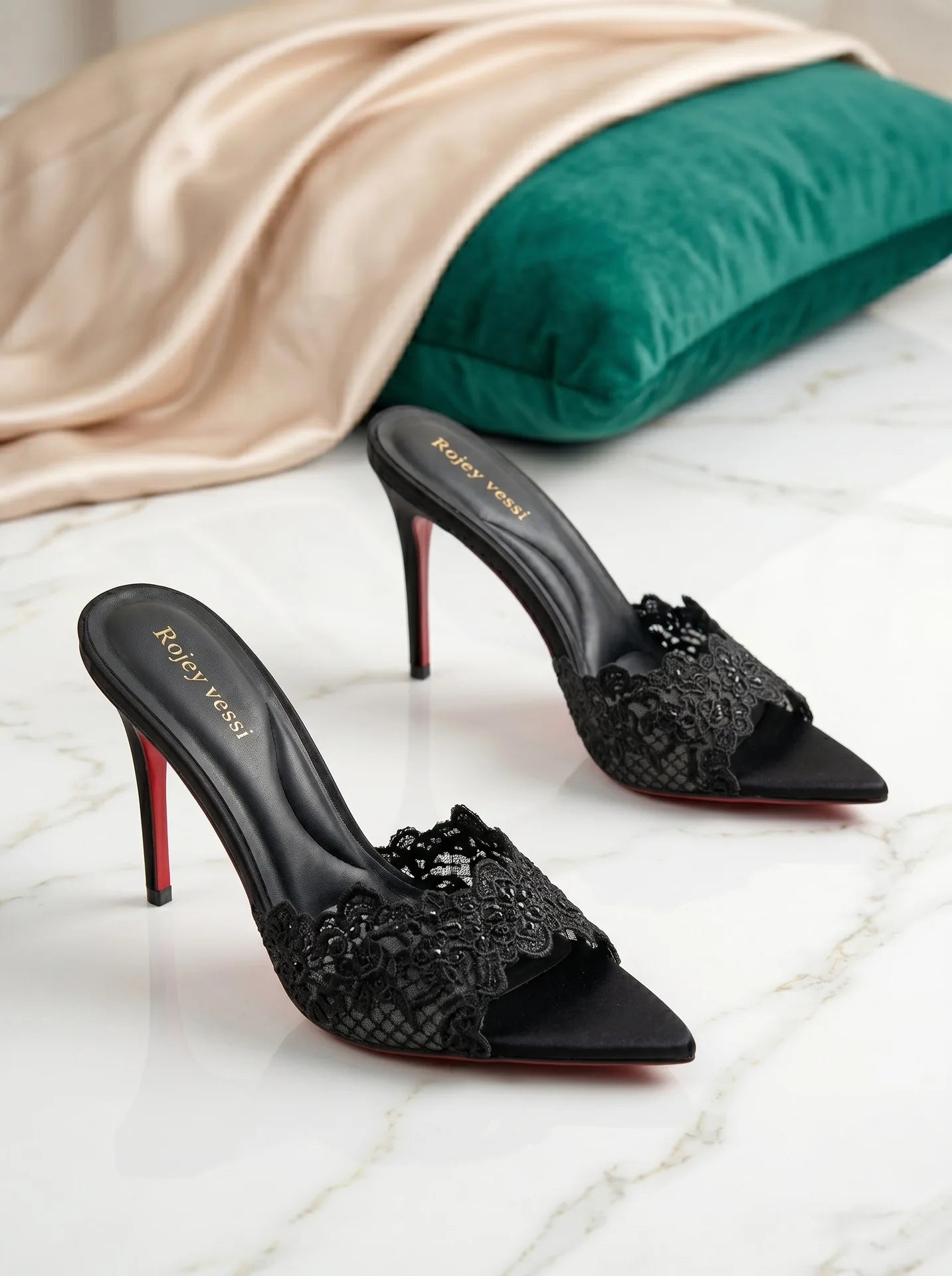 High heeled sandals for women to wear outside, summer lace high heels for women, sexy black slim heeled one-piece slippers