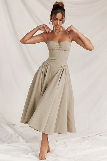 Vintage Floral Midi Dress Women's High Waist A-Line Sundress Green Dresses Summer Female 2025 Wedding Guest New White Evening