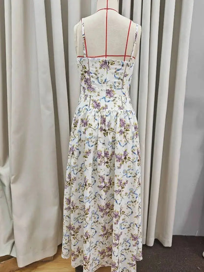 Chic Flower Print A-line Maxi Dress Women Elegant High Waist Strapless Backless Slim Vestidos Lady Summer Vacation Robes LIX8