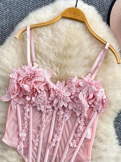 Slimming Floral Lace Crop Top Women's Summer Fashion Fishbone Design Strap Vest Breathable Short Style Sexy European Style