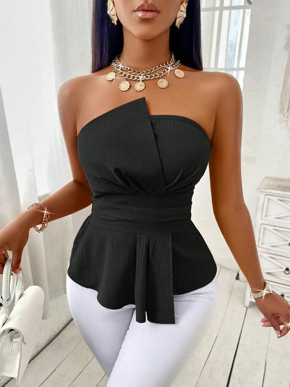 [Elegant] Peplum Strapless Top, Belted Wrap Waist Blouse for Vacation & Commute