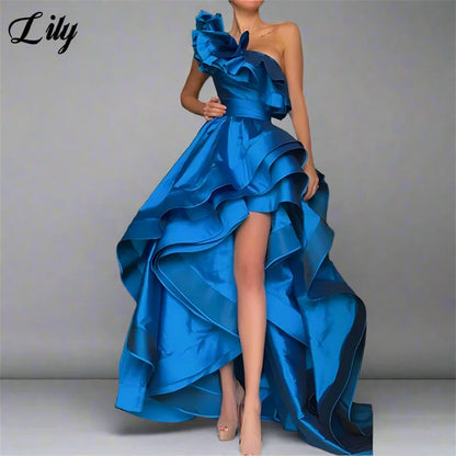 Lily Eye - Catching Blue Party Dress Satin One Shoulder Sleeveless 프롬드레스  Ruffled Floral Asymmetric Train Gala Dress Custom