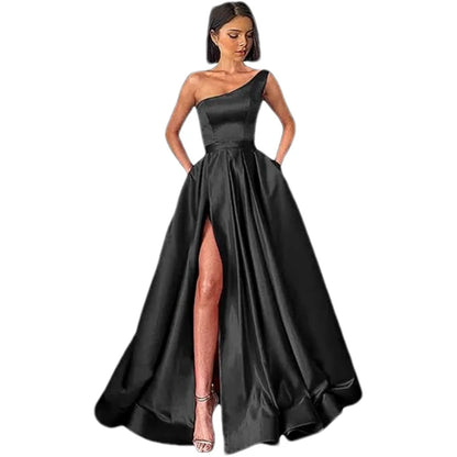 Customized Women's One Shoulder Prom Dresses Long Ball Gown High Slit Satin Corset Formal Dress Evening Gowns with Pockets