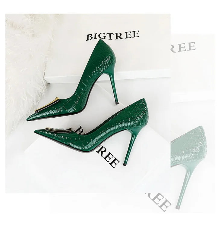 2025 BIGTREE Metal Decoration Buckle Fashion Pumps Women Elegant Snakeskin Print 10cm High Heels Party Ladies Shoes