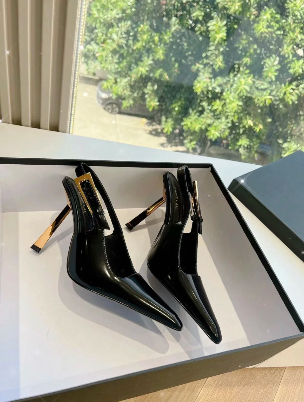 Black Pointed Toe High Heels Thin Heel Metal Cap Sandals Women's Shoes Elegant Painted Leather Sexy Fine Heel New 2025