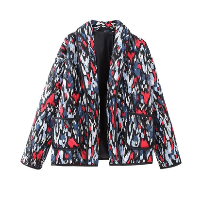 HH Floral Print Jacket For Women Autumn Quilted Reversible Cotton Coat Cardigan Long Sleeve Jackets Elegant Woman Streetwear