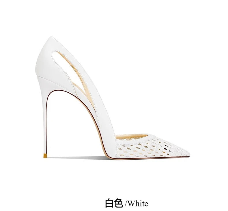 Summer New Women's Black Leather Woven Fashionable and Sexy Pointed Thin Heel High-heeled Shoes