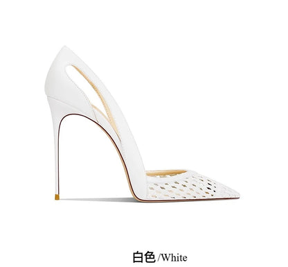 Summer New Women's Black Leather Woven Fashionable and Sexy Pointed Thin Heel High-heeled Shoes
