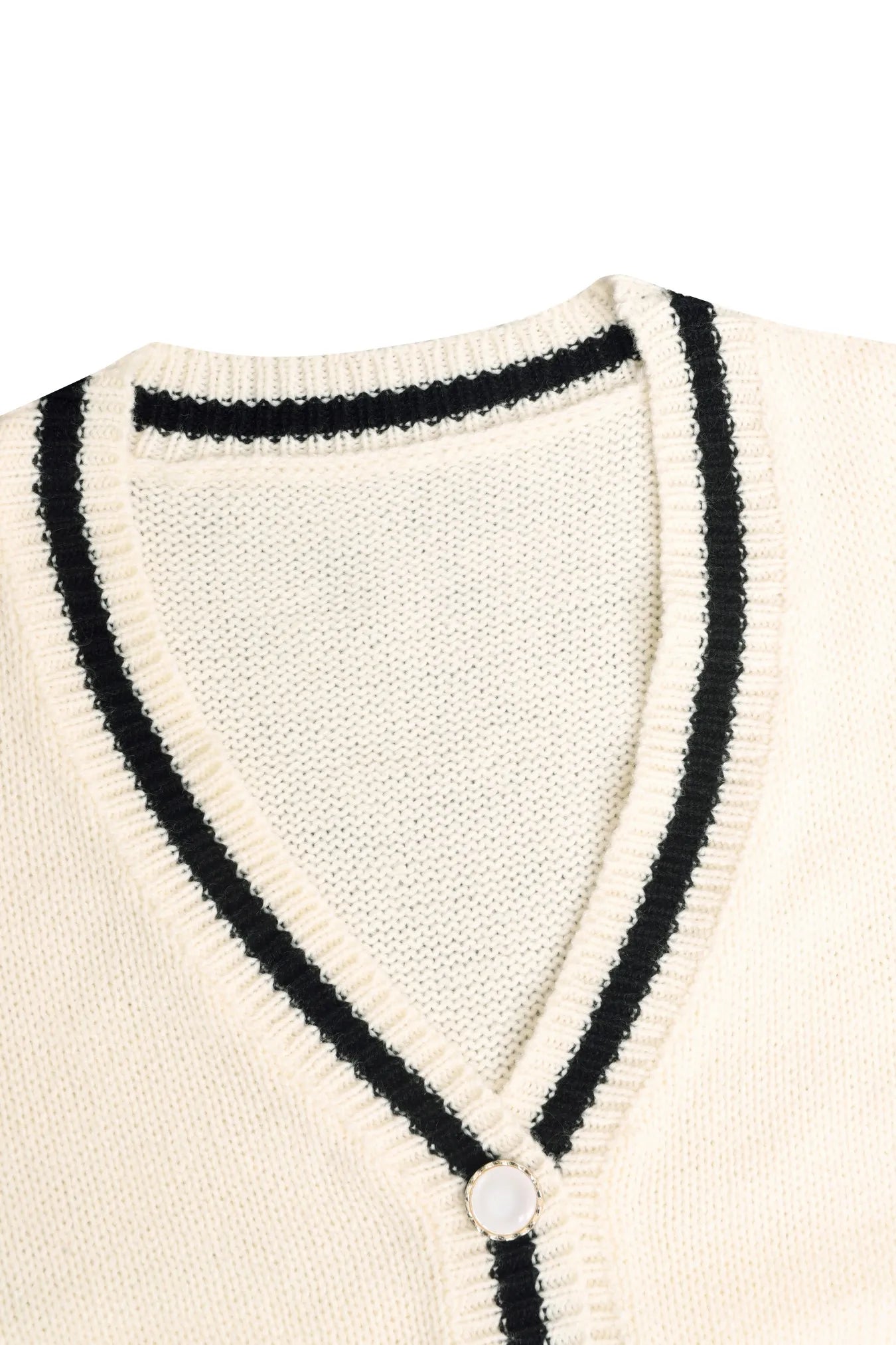 Women's Two-Piece Knit Set Contrast Trim Cardigan & Wide-Leg Pants Casual Loungewear (White/Navy Blue)