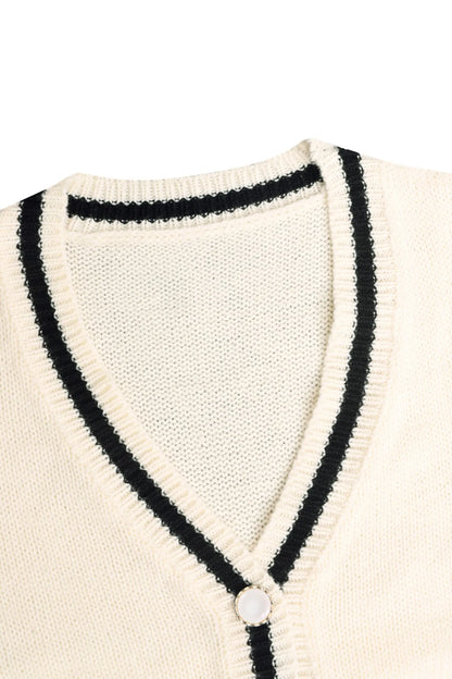 Women's Two-Piece Knit Set Contrast Trim Cardigan & Wide-Leg Pants Casual Loungewear (White/Navy Blue)