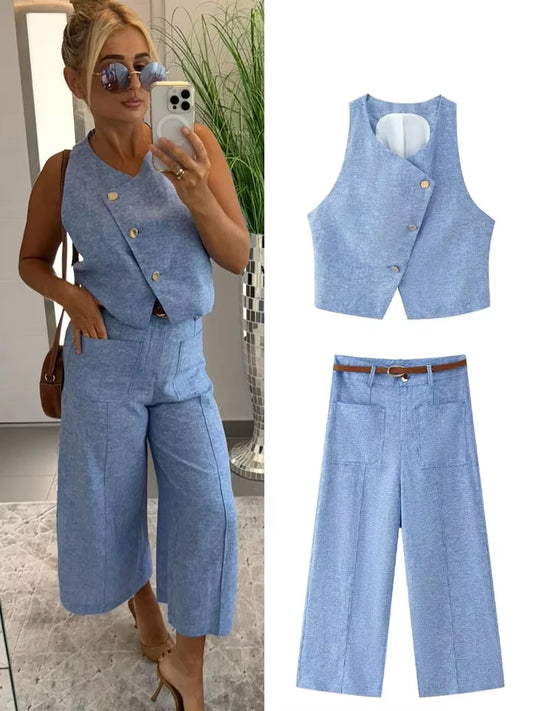HH Women Elegant Flax 2-piece Suit Sleeveless Button Decoration Solid Vest+Summer Pocket Loose Belt Zipper Wide Leg Pants
