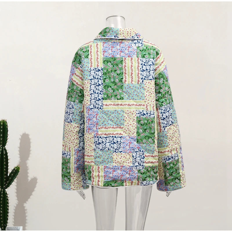 HH Floral Print Jacket For Women Autumn Quilted Reversible Cotton Coat Cardigan Long Sleeve Jackets Elegant Woman Streetwear