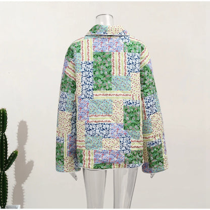 HH Floral Print Jacket For Women Autumn Quilted Reversible Cotton Coat Cardigan Long Sleeve Jackets Elegant Woman Streetwear