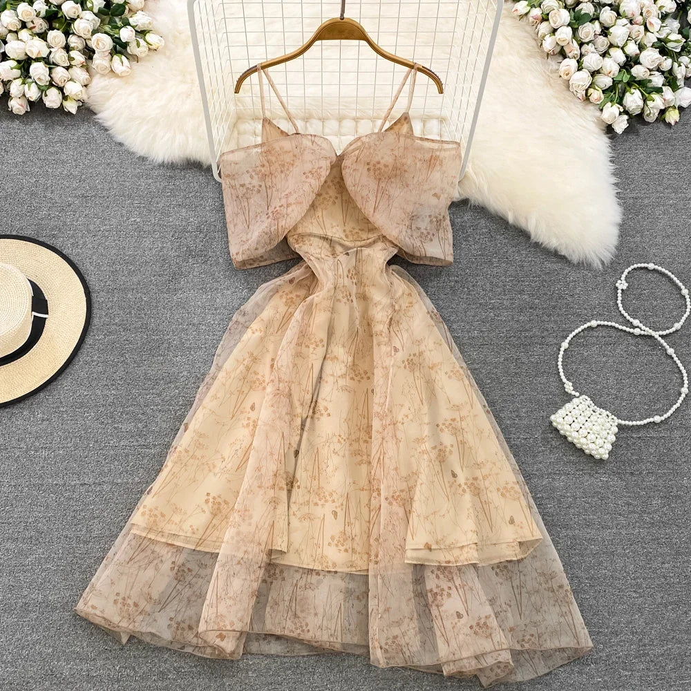 Women Elegant Bow Sexy Chiffon Print A-line Dress Summer One Shoulder High Waist Slim Vintage Seaside Party Vacation Robe
