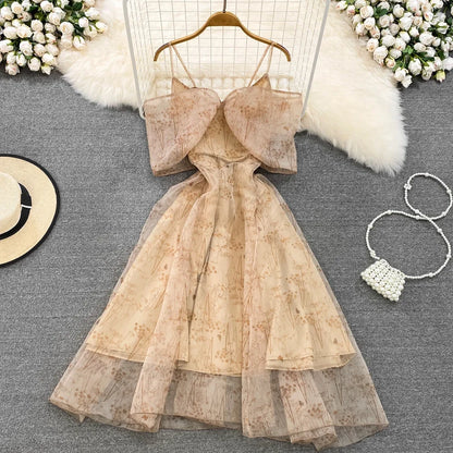 Women Elegant Bow Sexy Chiffon Print A-line Dress Summer One Shoulder High Waist Slim Vintage Seaside Party Vacation Robe