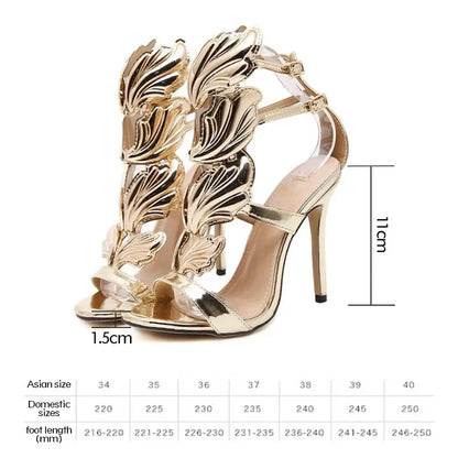 Gold Open Toe High Heel Women Sandals Elegant Leaf Detailing Party Wedding Dress Pumps Women Gladiator Sandals Bowknot Decor