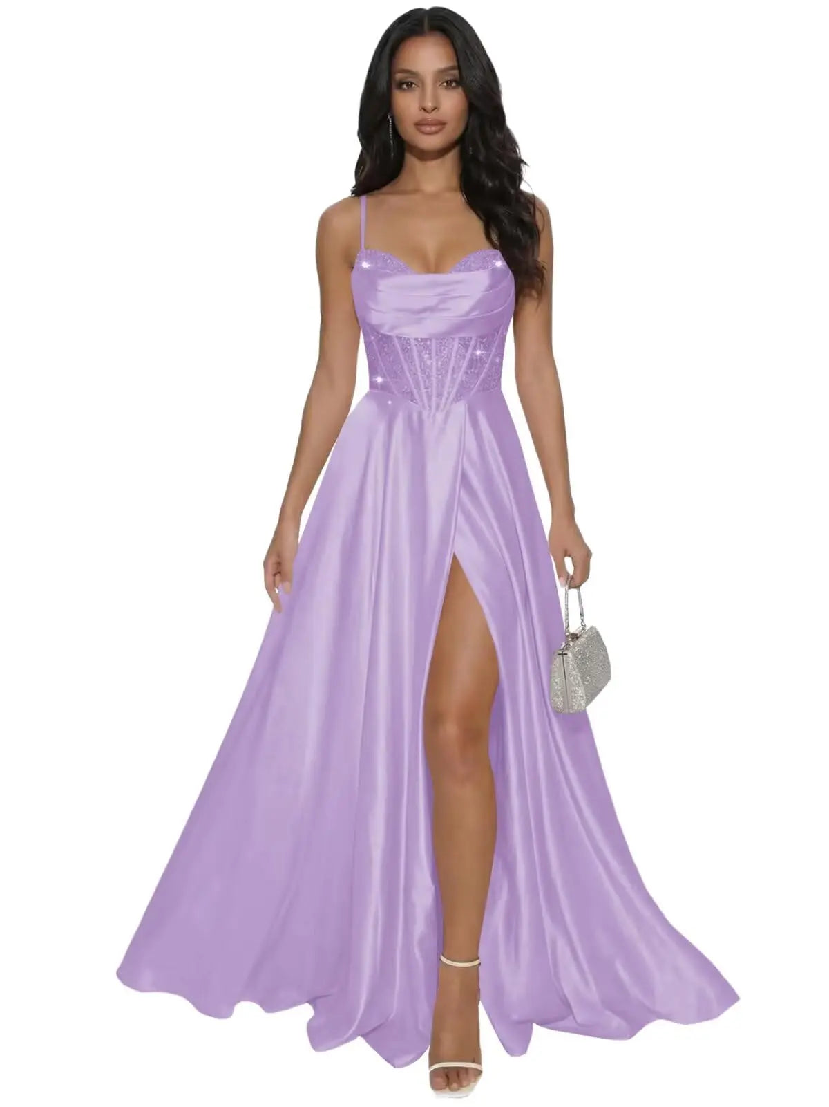 Pleated Satin A Line Prom Dresses for Women Spaghetti Straps Sequin Corset Formal Dress with Slit Formal Dress Women Elegant