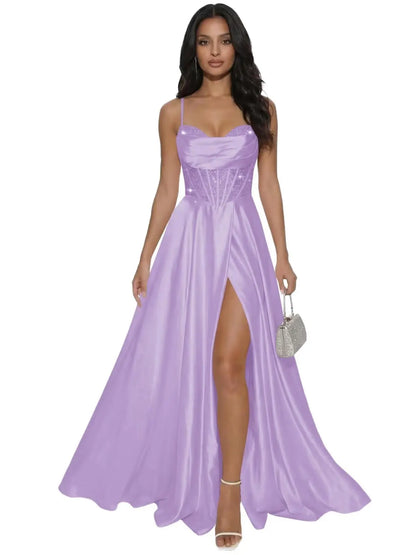 Pleated Satin A Line Prom Dresses for Women Spaghetti Straps Sequin Corset Formal Dress with Slit Formal Dress Women Elegant