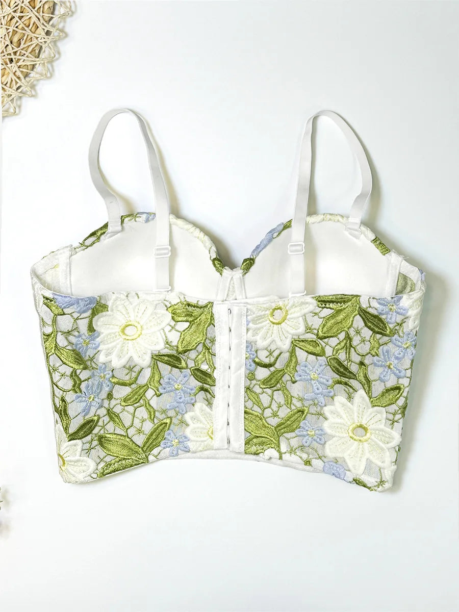 Women Crocheted 3D Lace Corset Stylish Floral Embroidery Bustier Push Up Bra Lady Tank Top Elegant Cropped Top Club Party Bralet