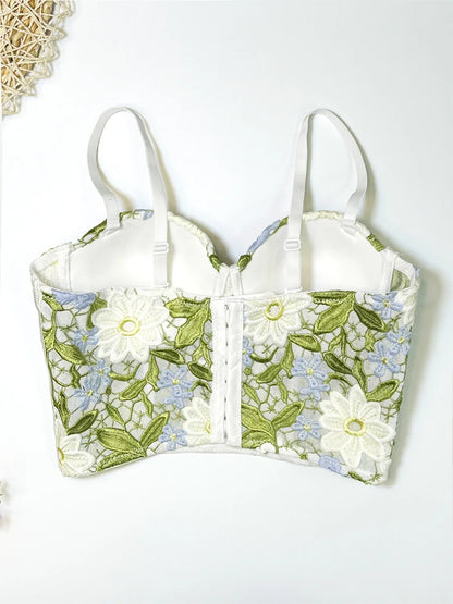 Women Crocheted 3D Lace Corset Stylish Floral Embroidery Bustier Push Up Bra Lady Tank Top Elegant Cropped Top Club Party Bralet