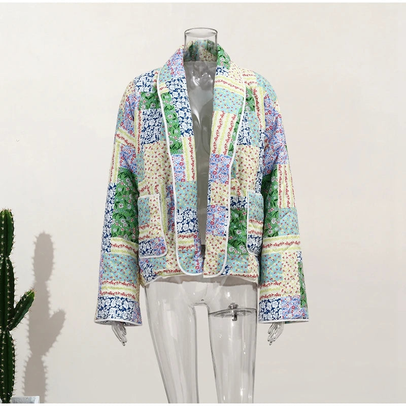 HH Floral Print Jacket For Women Autumn Quilted Reversible Cotton Coat Cardigan Long Sleeve Jackets Elegant Woman Streetwear
