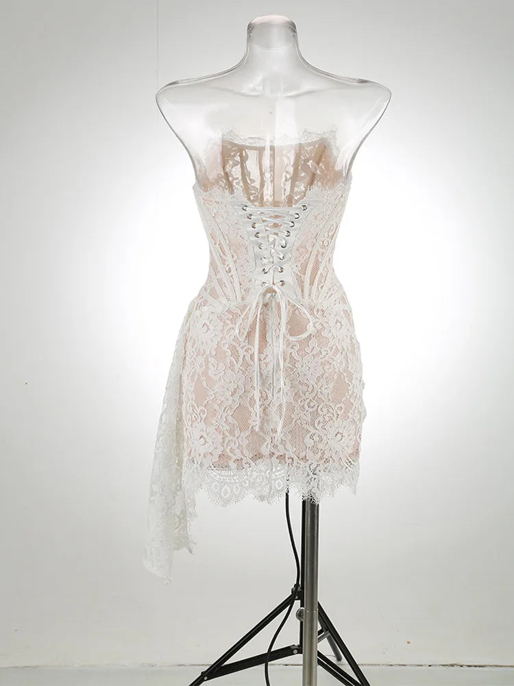 TARUXY Sexy Lace See-through Patchwork Corset Dress Female Bodycon Elegant Party MIrrgualr Mini Dress Women Tube Top Dress New