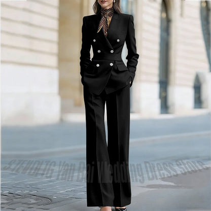 Customized Straight Women's Suits Two Pieces Classic Double Breasted Solid Color High Street Business Casual Office Suit Set