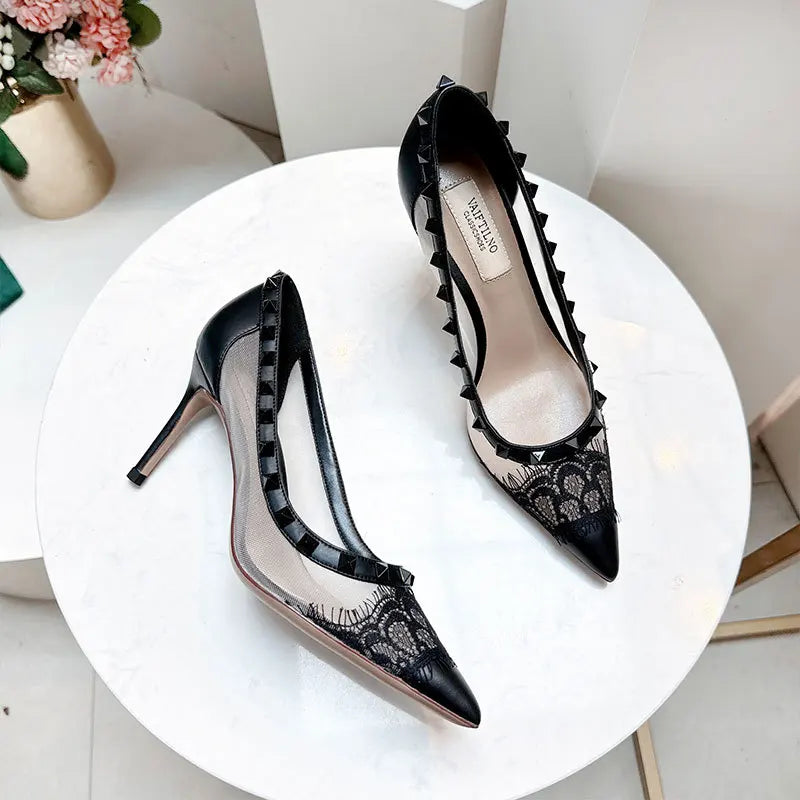 V-Home Mandarin Orange High Heels Lace Mesh Rivet Pointed Toe Versatile Single Shoes Women Summer Fashionable Elegant