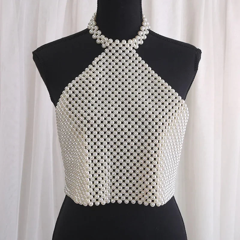 Handcrafted Elastic Pearl Beaded Sexy Hot Girl Bralette Top White Beaded Crop Top Women's Fashion Vest Strapless Bra