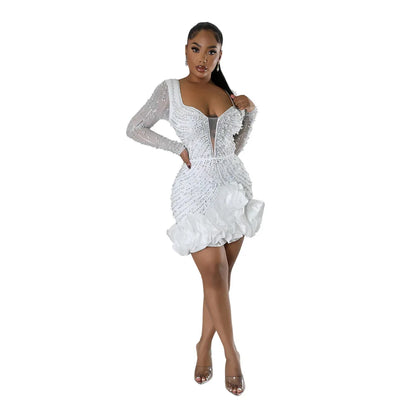 CM.YAYA Spring Women Long Sleeve Ruffles Hot Drilling Bead Short Dress Sexy Night Club Evening Birthday Mini Dresses Vestidos