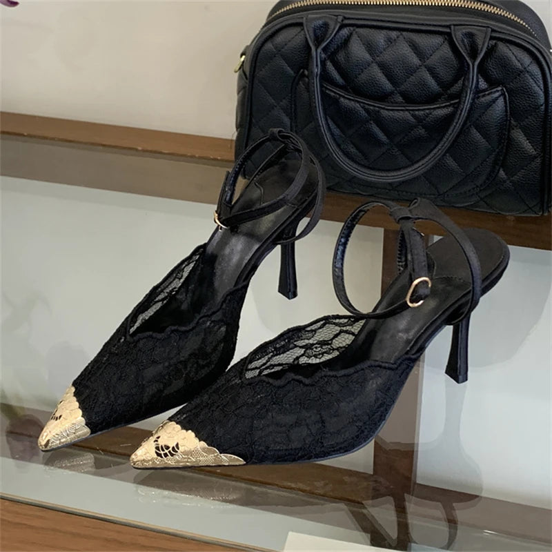Eilyken New Design Breathable Mesh Thin High Heels Woman Pumps Elegant Pointed Toe Buckle Strap Party Prom Mule Shoes
