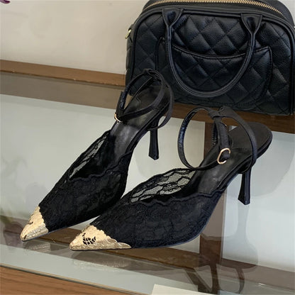 Eilyken New Design Breathable Mesh Thin High Heels Woman Pumps Elegant Pointed Toe Buckle Strap Party Prom Mule Shoes