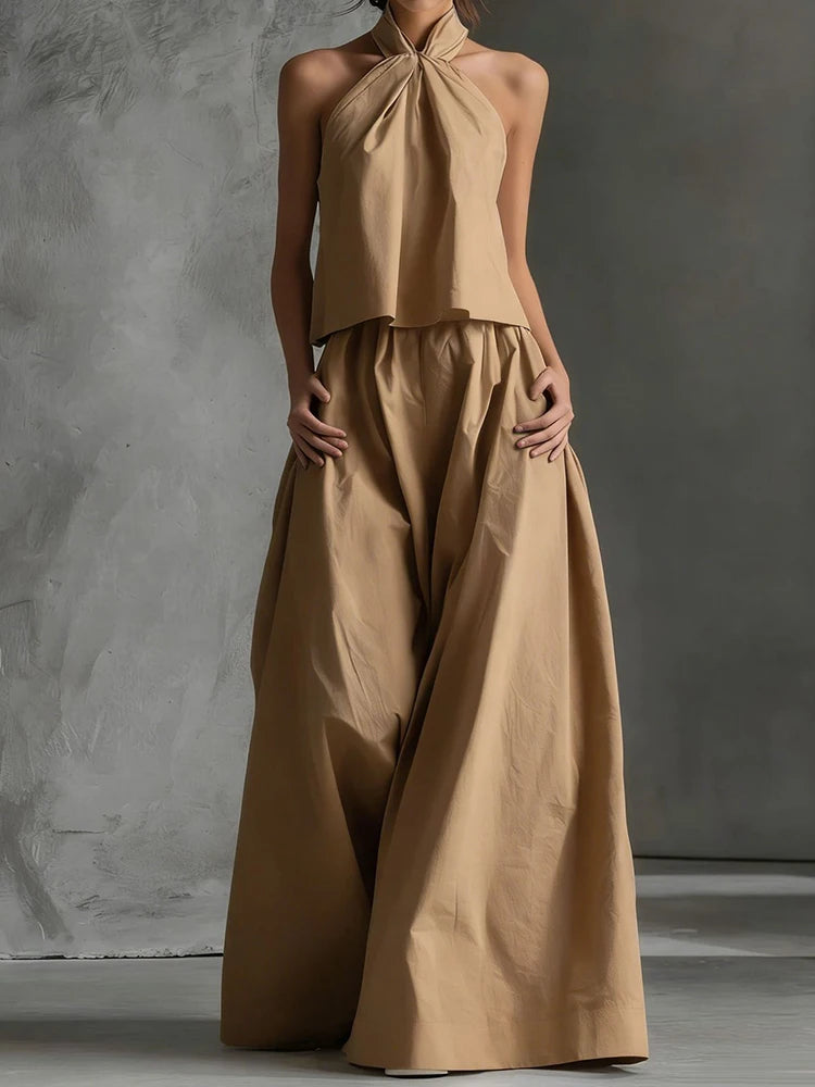2026 Women Summer Casual Holiday Halter Sleeveless Pullover Top with Wide Leg Pants Two-Piece Set Backless Patchwork Chic Outfit