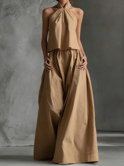 2026 Women Summer Casual Holiday Halter Sleeveless Pullover Top with Wide Leg Pants Two-Piece Set Backless Patchwork Chic Outfit